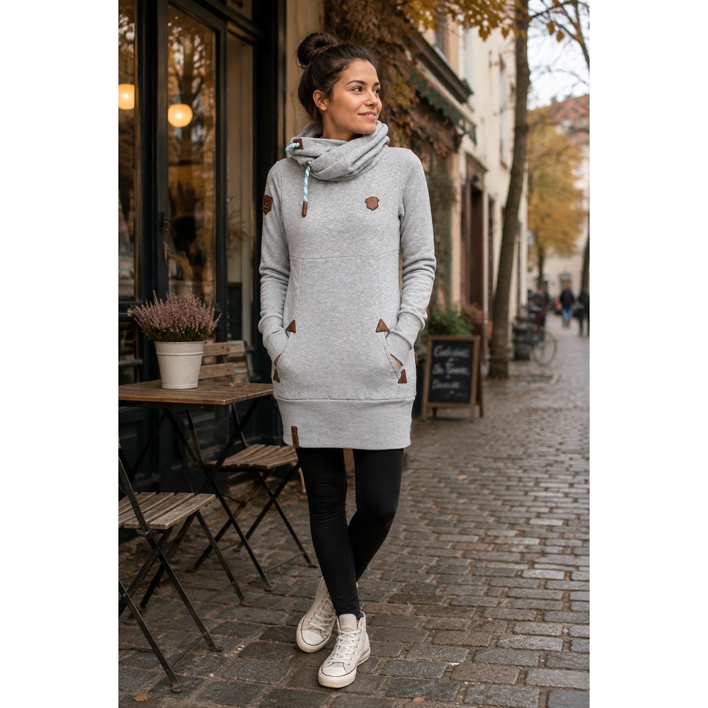 Naketano Womens Heather Gray Cowl Neck Longline Hoodie Dress Faux Leather Patche